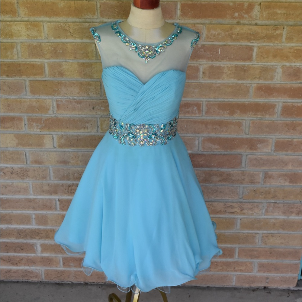 Light Blue Formal Cocktail Dress with Beaded Details